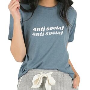 Space 46 Anti Social Graphic Short Sleeve Crew Neck Womens Basic Blue T-Shirt Sm